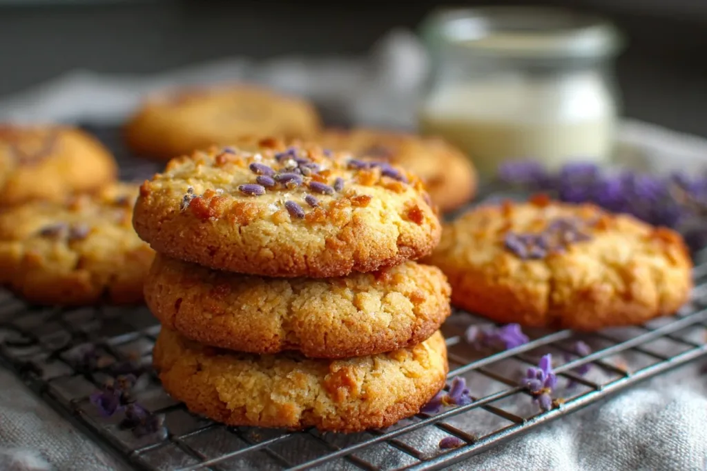 A plate of lavender honey crunch cookies topped with edible flowers and honey drizzle