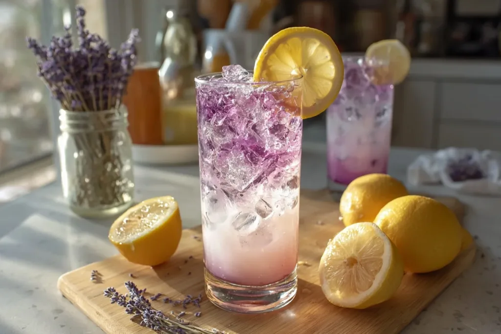 A refreshing lavender vanilla cream soda mocktail garnished with lavender sprigs and a lemon slice in a clear glass.