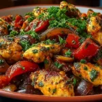 A colorful Mediterranean chicken stir fry served in a white bowl with fresh vegetables and herbs