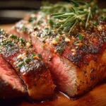 A beautifully seasoned oven roasted bottom round roast on a wooden cutting board, garnished with fresh herbs and surrounded by roasted vegetables.
