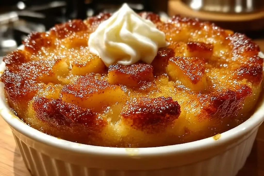 A warm bowl of homemade apple pudding topped with a dollop of whipped cream and a sprinkle of cinnamon