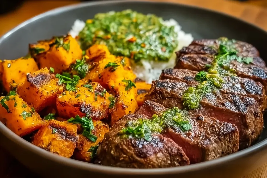 A vibrant bowl filled with sliced steak, roasted sweet potatoes, and a drizzle of avocado-cilantro sauce, garnished with fresh cilantro.