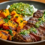 A vibrant bowl filled with sliced steak, roasted sweet potatoes, and a drizzle of avocado-cilantro sauce, garnished with fresh cilantro.