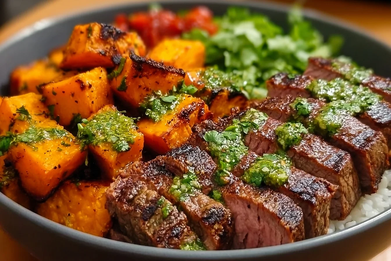 steak and sweet potato bowls with avocado cilantro drizzle an incredible ultimate recipe middle