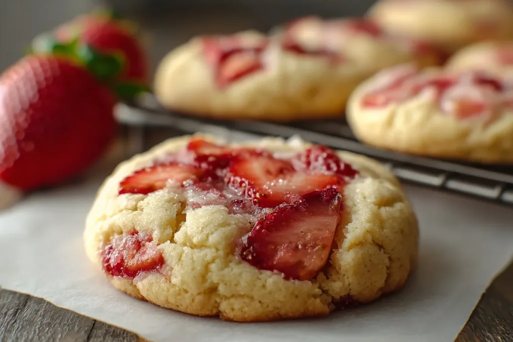 A plate of freshly baked strawberry kiss cookies topped with pink frosting and sprinkles